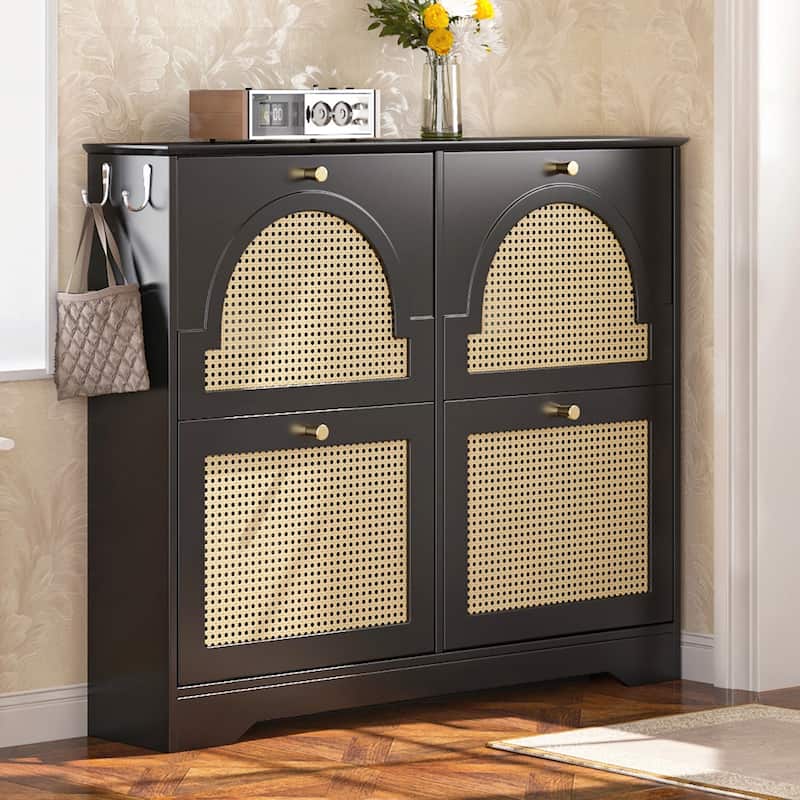 Mid-Century Narrow Design Tipping Bucket Shoe Cabinet with 4 Flip Drawers with Rattan Doors and Hooks