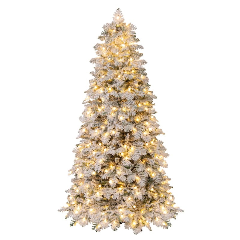 Gymax Pre-Lit Artificial Christmas Tree Hinged Snow Flocked Xmas Tree - 7 Foot