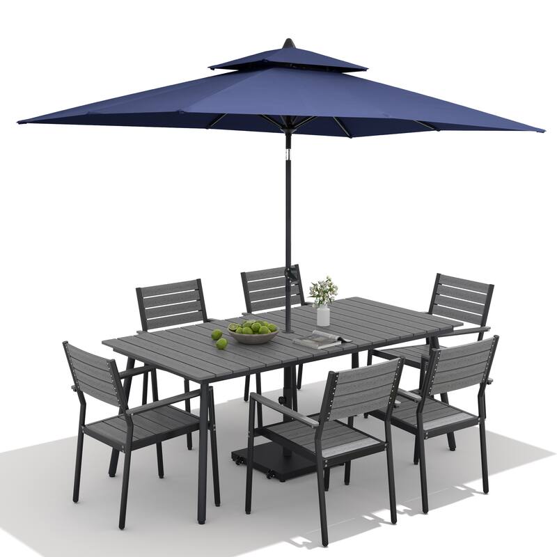 9-Piece Outdoor Dining Set Aluminum Table and 8 Stackable Chairs and 10 ft Umbrella with Base