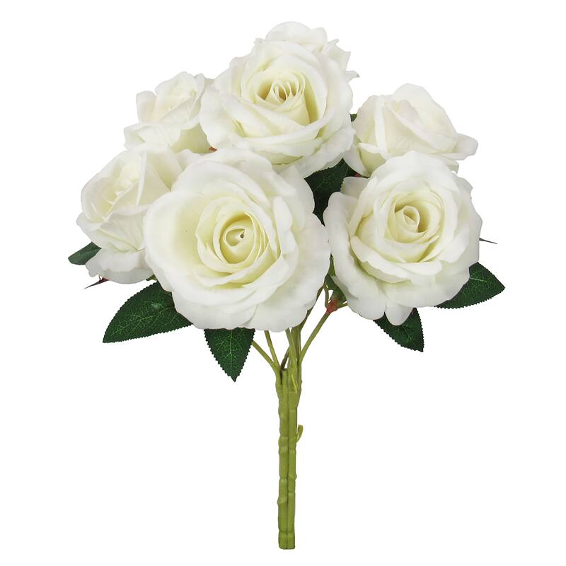 Set of 2 Cream Artificial Velvet Rose Flower Stem Bush Bouquet 16in - 16" L x 11" W x 11" DP