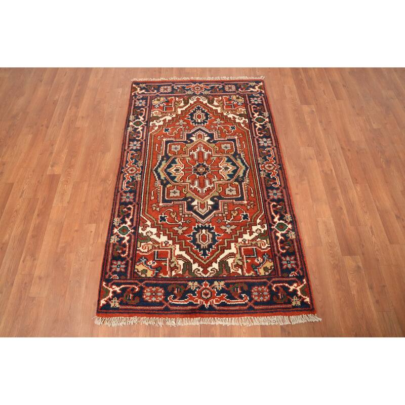 Hand Knotted Oriental 100% Wool Carpet Traditional Geometric Oranges & Rust Heriz (serapi) Area Rug - 4' 11'' X 3' 0''