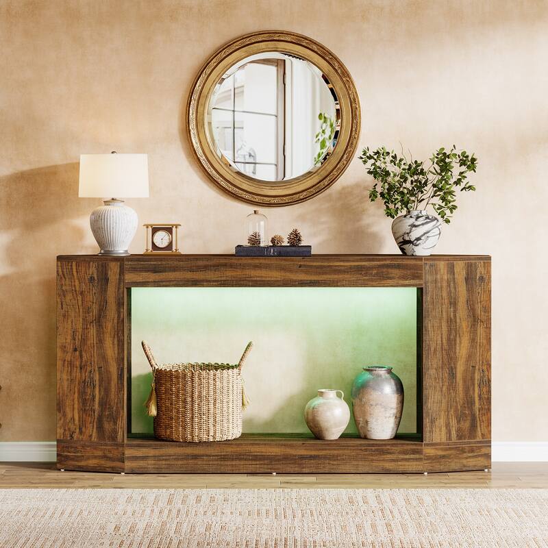  63" Light Wood Console Table with LED & Outlet, Sofa Table - Large