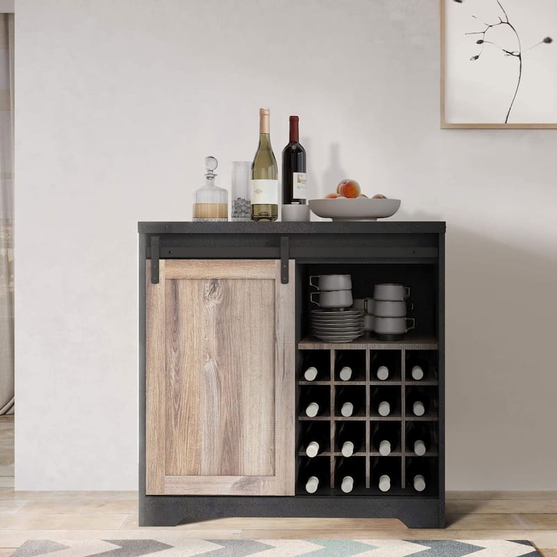 Coffee Bar Cabinet with Sliding Barn Door, Industrial Buffet Cabinet with Wine Storage