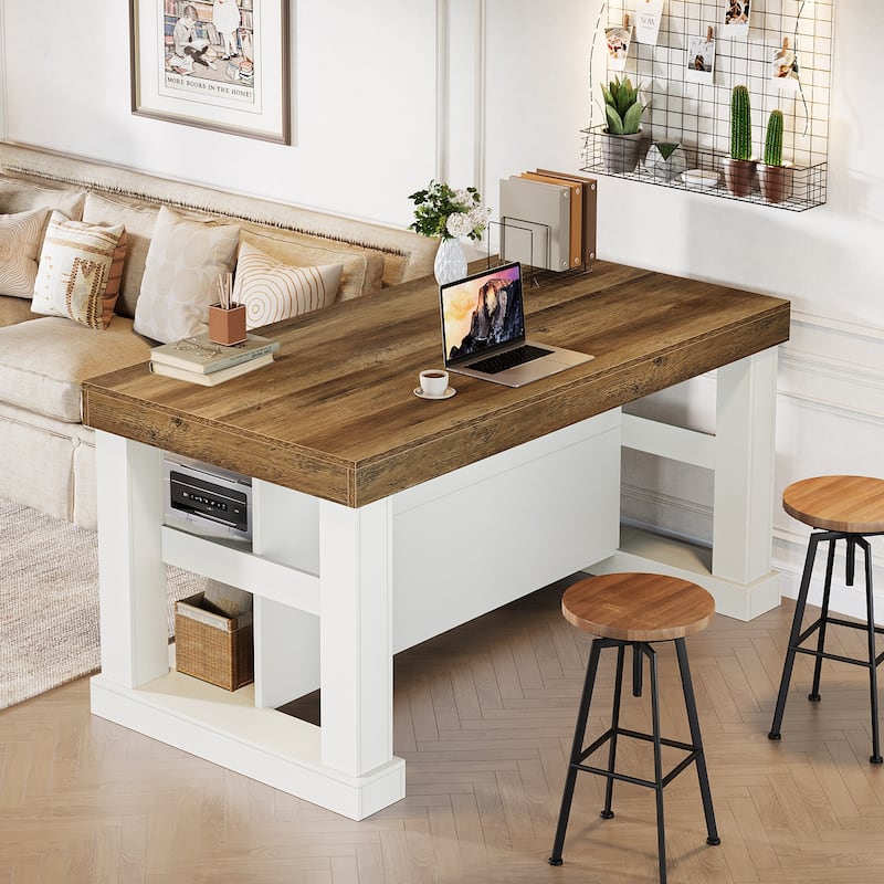 55-Inch Large Home Bar Unit, 3-Tier Pub Table with Storage Shelves - N/A