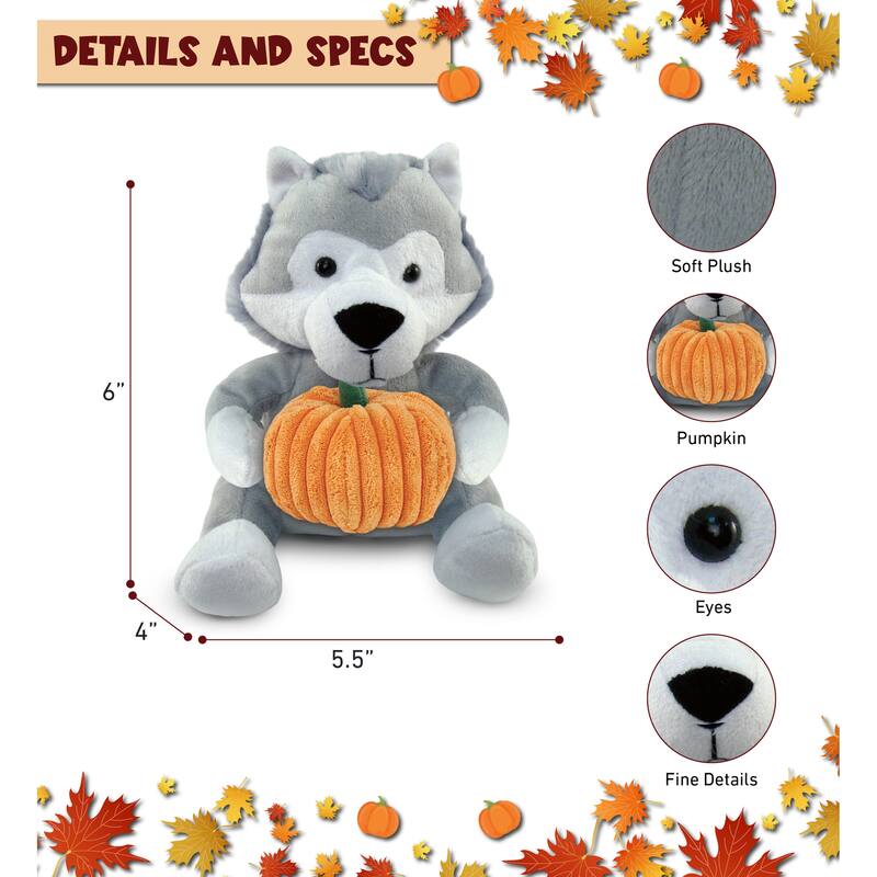 DolliBu Super Soft Wolf Stuffed Animal with Pumpkin Decor Plush - 6 inches