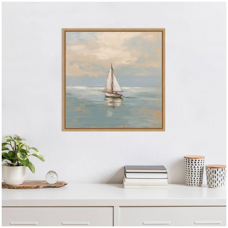 Kate and Laurel Sylvie Calm Pastel Sailboat Landscape Framed Canvas by The Creative Bunch Studio