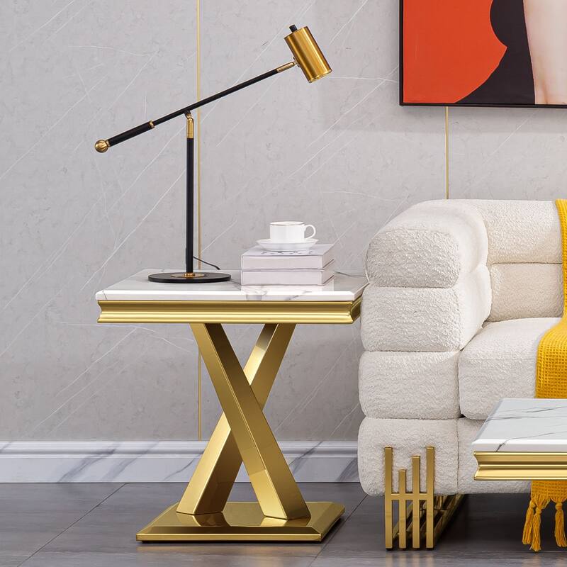 Modern End Table, 21.7 inch Living Room Side Table with Stainless Steel X-Base for Bedroom, Sofa Couch, Office