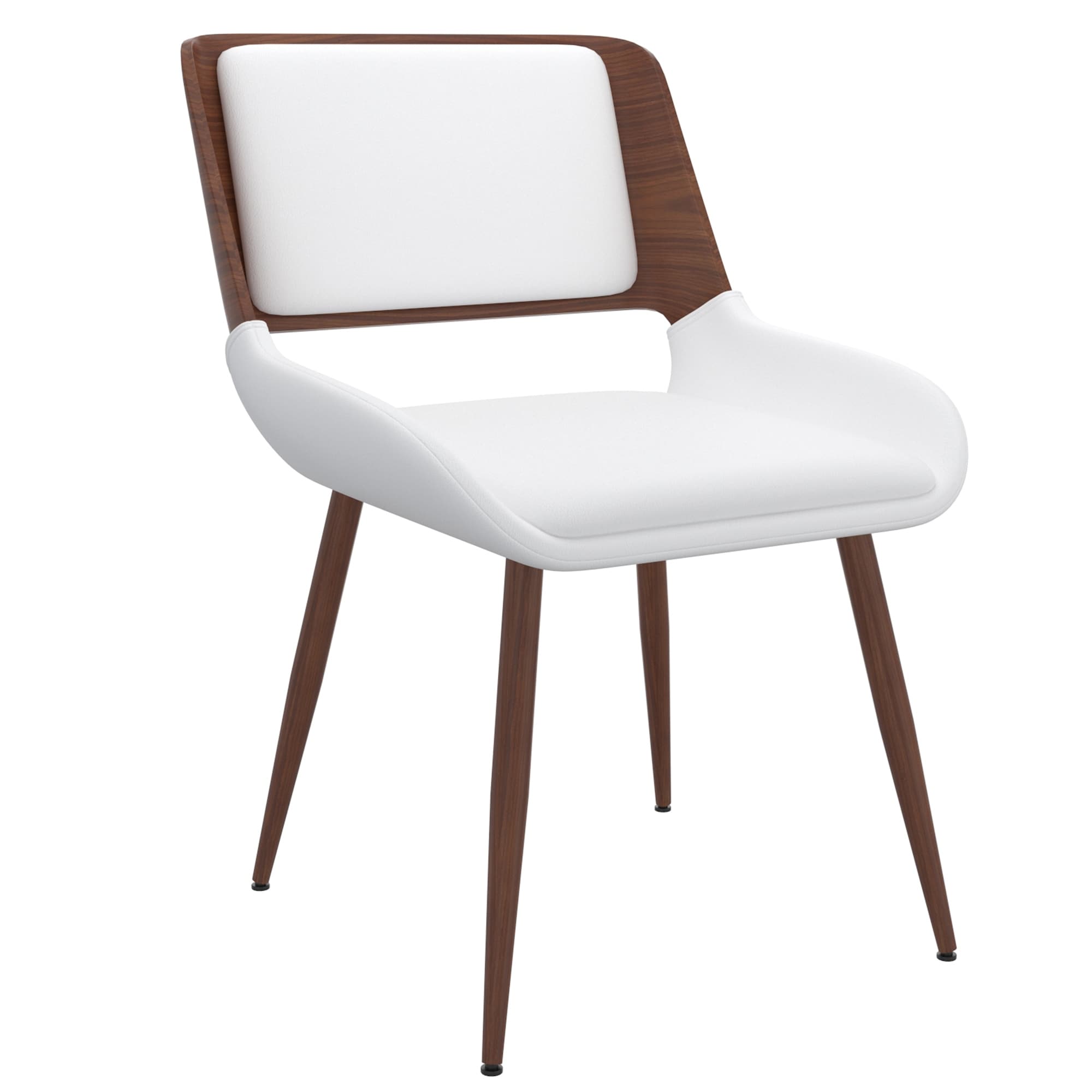 Mid-Century Modern Faux Leather, Metal and Wood Dining Chair Set of 4 - White and Walnut