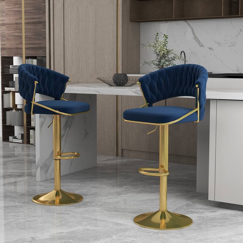 Set of 2 Modern Velvet Adjustable Bar Stools with Backs - Set of 2 - Navy Blue