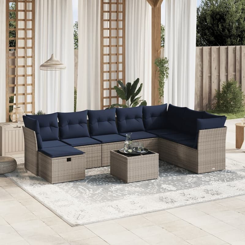 vidaXL Patio Sofa Set with Cushions Outdoor Conversation Furniture Poly Rattan - 24.4" x 24.4" x 27.2" - Gray with table
