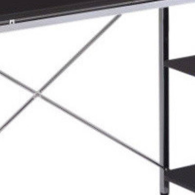 Black Wood Top Computer Desk with Silver Metal H-Shape Base and Shelving