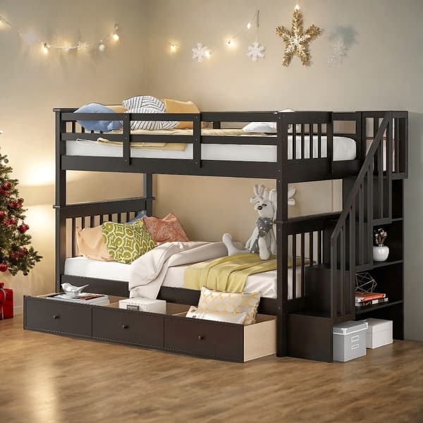 slide 2 of 16, Twin-Over-Twin Bunk Bed with 3 Drawers and Stairway, Espresso Espresso