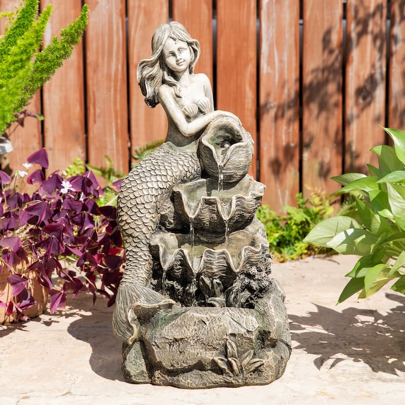Glitzhome 22"H 4-Tiered LED Lighted Mermaid Fairy Polyresin Outdoor Floor Statue Fountains