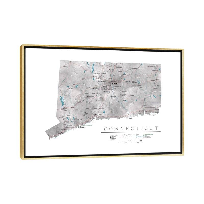 iCanvas "Detailed Map Of Connecticut" by blursbyai Framed Canvas Print - Gold - 18x26