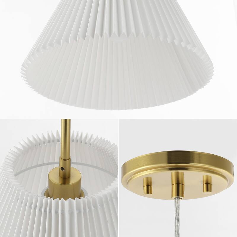 Boden 14.25" 1-Light Classic French Country Iron LED Pendant with Pleated Shade, Brass Gold/White, by JONATHAN Y