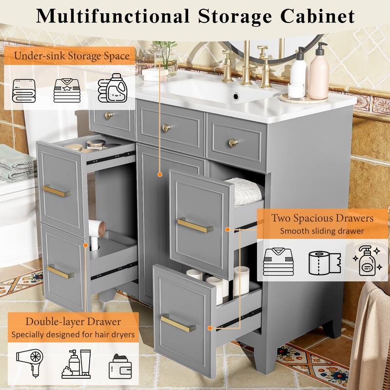 36 Inch Freestanding Bathroom Vanity with Sink, Soft Close Doors, Adjustable Shelves & Double-Depth Drawer