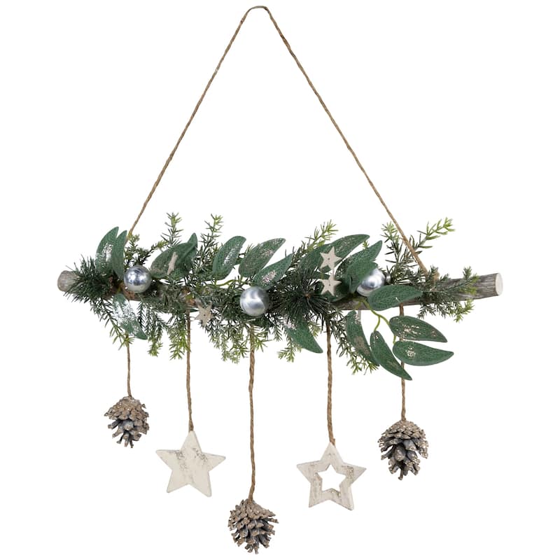 Glittered Holly Branch with Stars and Pinecones Christmas Wall Decoration - 20.75" - Silver