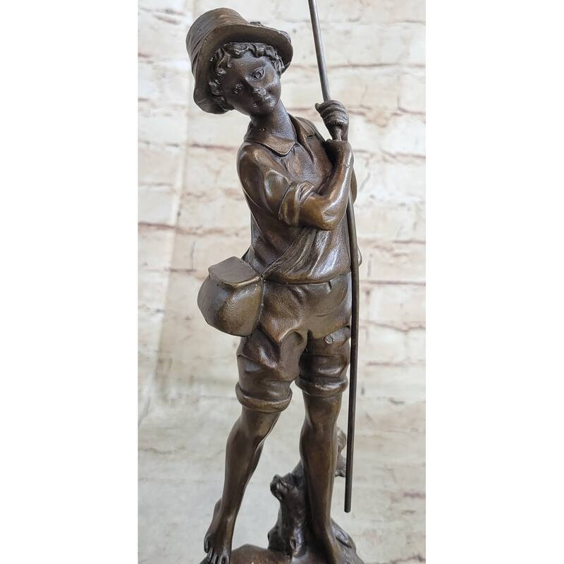 Signed Original Milo Boy Imitative Fishing With Duck Bronze Sculpture Statue Figurine Art