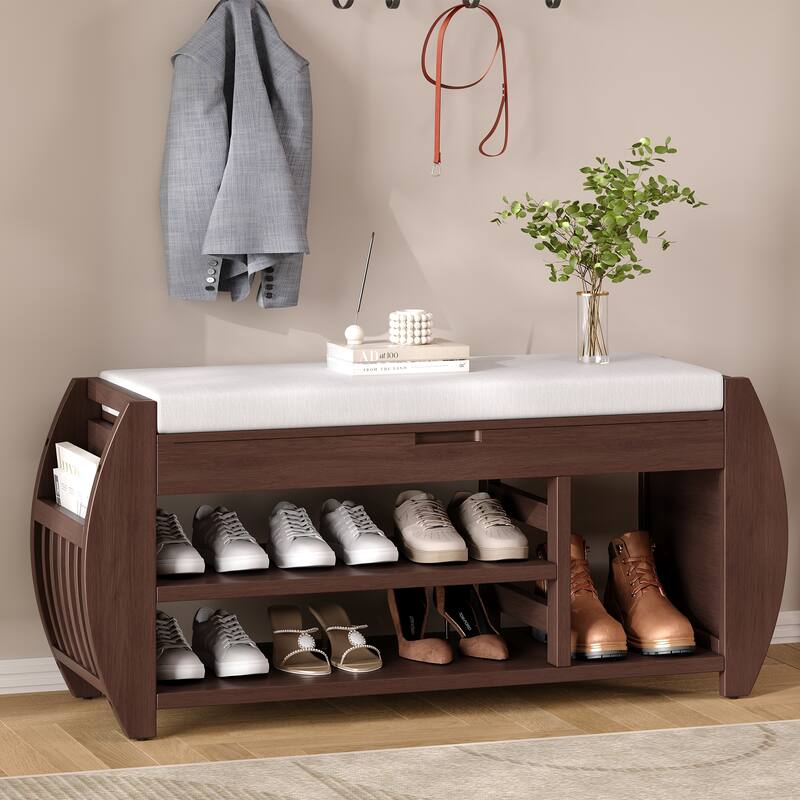 Shoe Bench 2-Tier Storage Bench with Cushion & Curved Side Holder, Wooden Panel Shoe Rack Organizer for Entryway, Living Room