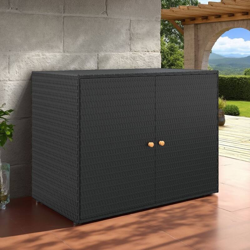 Outdoor Storage Cabinet, Solid Acacia Wood, 39 Inch Black PE Rattan