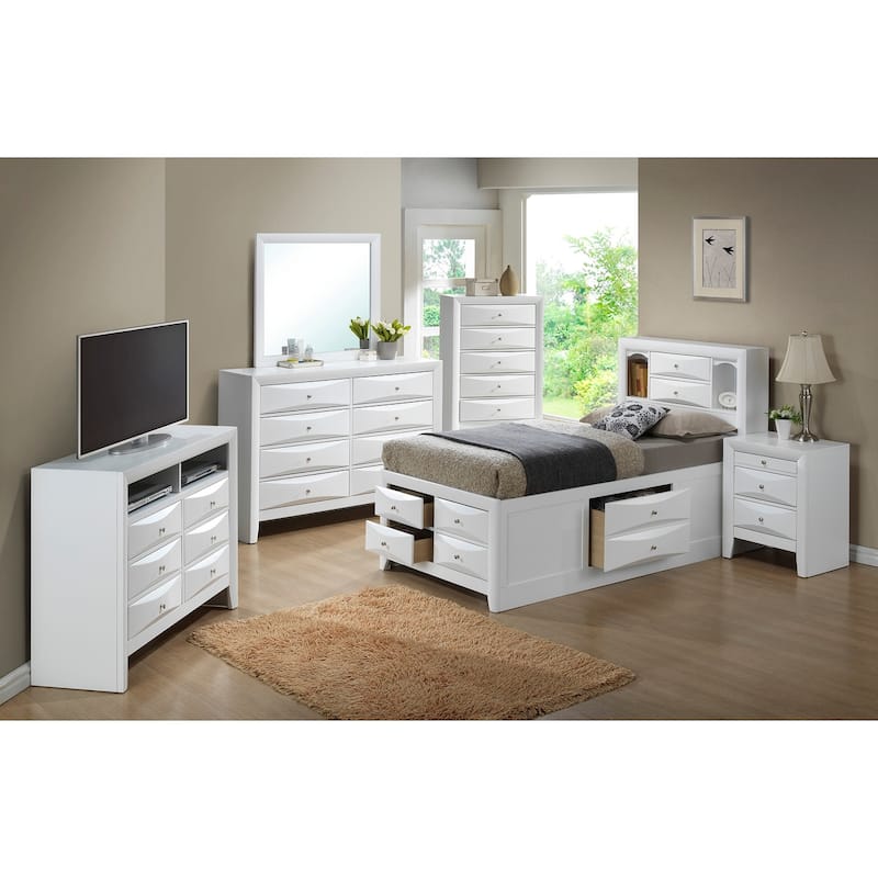 Wooden Panel Twin Bed with Drawers and Shelves - 87" - White