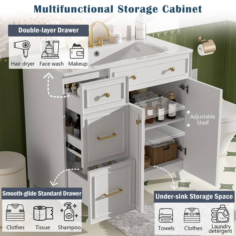 Transitional Style 36-inch Bathroom Vanity with Ceramic Sink, 2 Soft-Close Doors Freestanding Cabinet with 2 Drawers