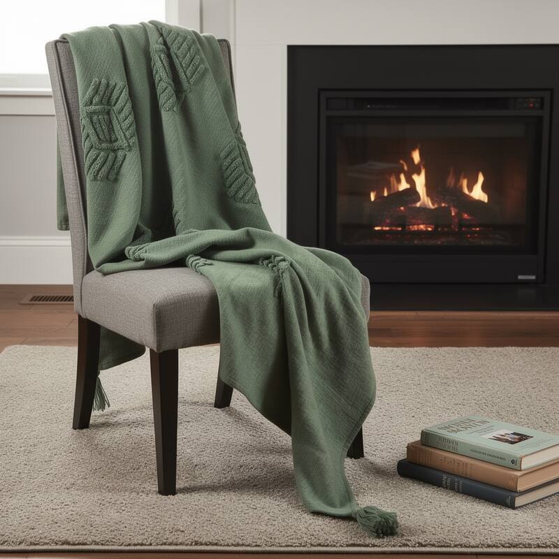 HomeRoots 50" X 60" Green Cotton Woven Ikat Throw Blanket with Tassels - Throw - Green