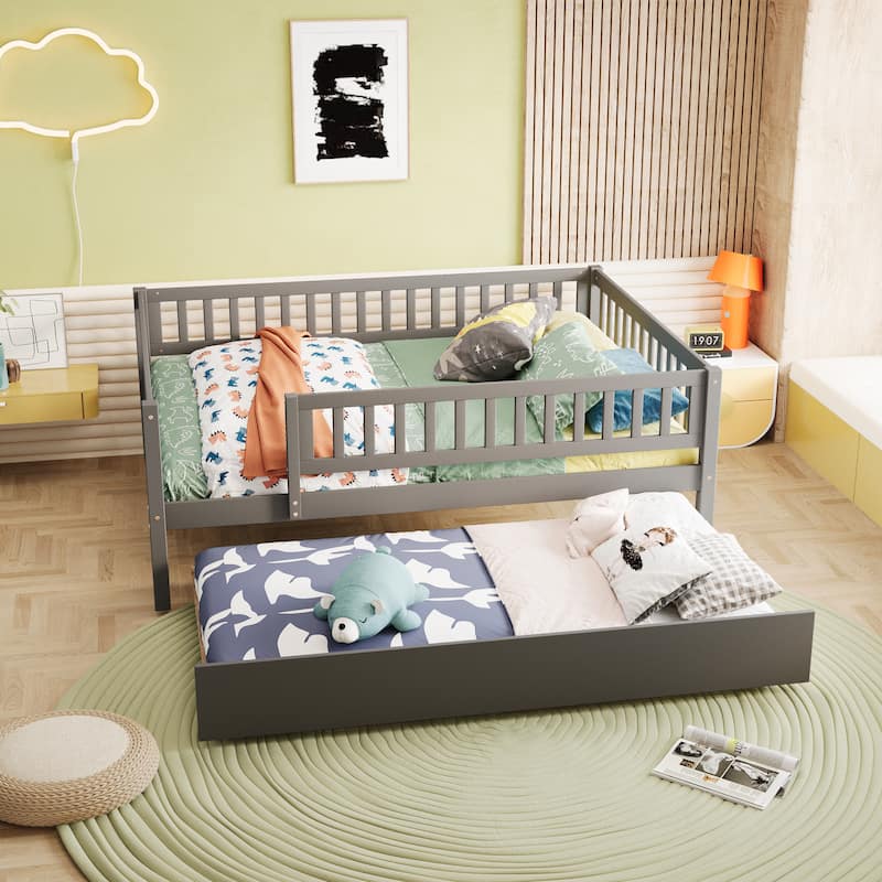 Wood Daybed with Trundle and Fence Guardrails