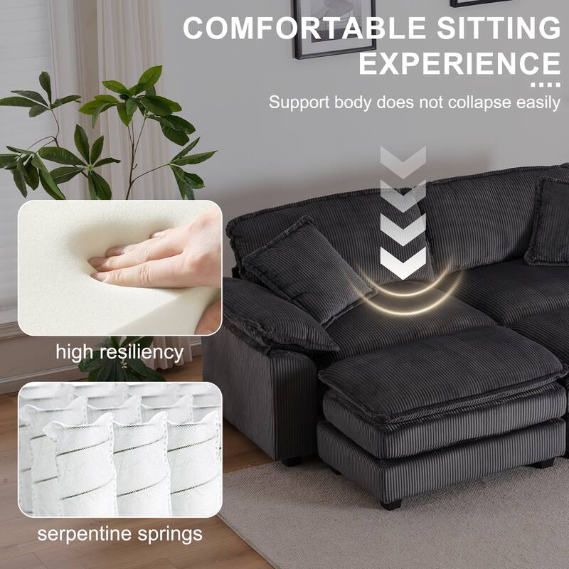 84.6" Corduroy 2-seats sofa With 2 back pillows,2 toss pillows and two ottoman