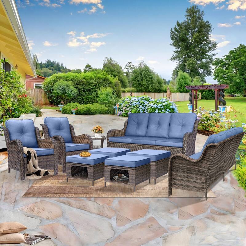 Wicker Outdoor Patio Furniture Seating Sofa Set with Storage Ottomans - 9 Piece - Denim Blue
