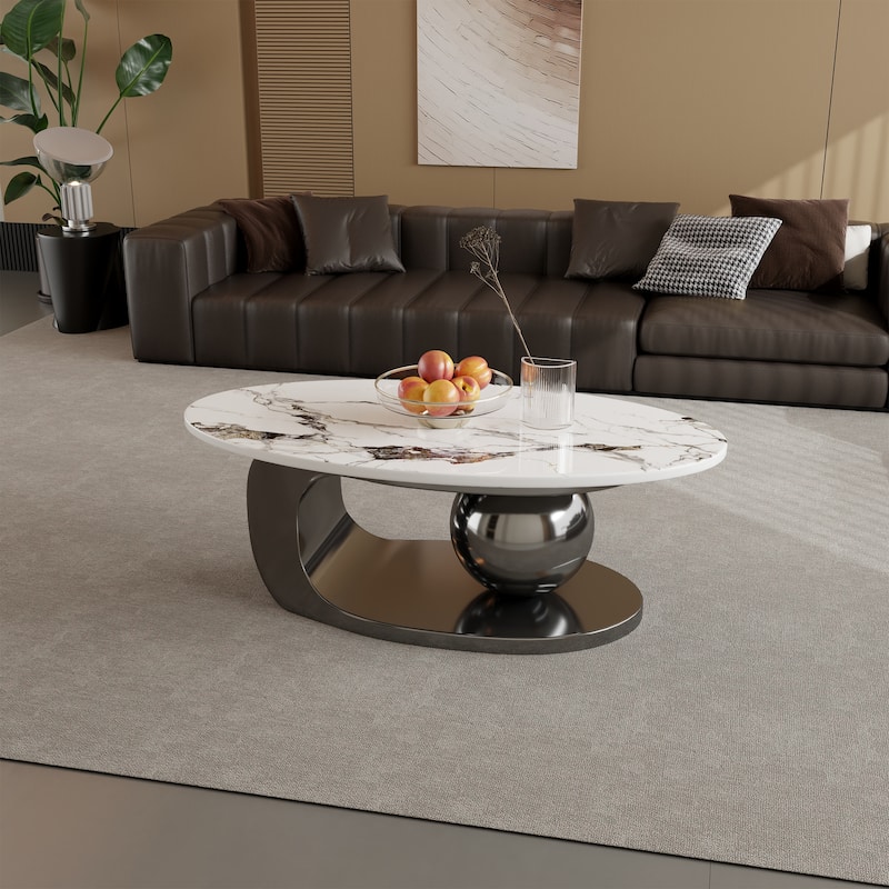 51" Modern Pandora Oval Coffee Table with Glossy Sintered stone top, Luxury Coffee Table, Stainless Steel Legs for Livingroom