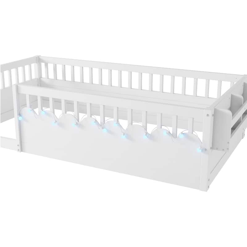 Twin Montessori Floor Bed Frame with High Rails, Wood Kids Floor Beds with Light and Storage Shelf, Natural