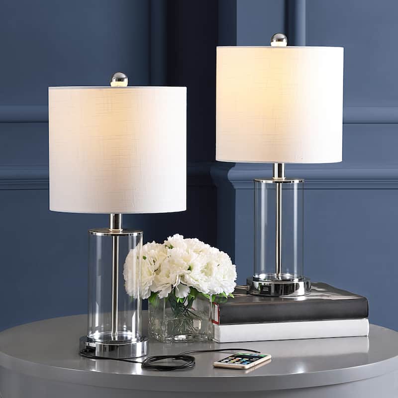 Cabell 21" Glass Modern Contemporary USB Charging LED Table Lamp, Oil Rubbed Bronze (Set of 2) by JONATHAN Y - Chrome/Clear
