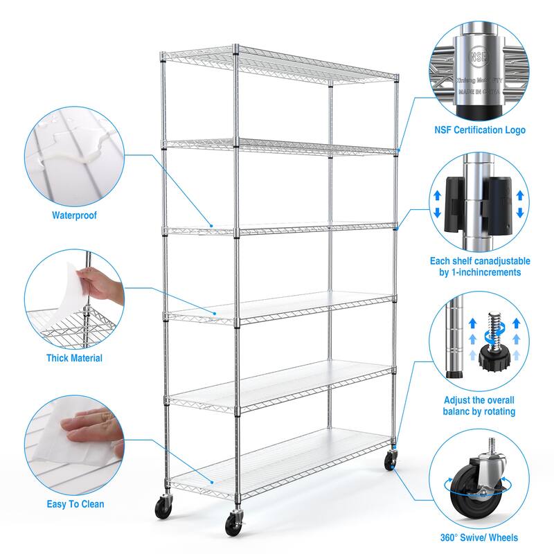 Heavy Duty 6 Tier Metal Shelves, Height Adjustable with Wheels