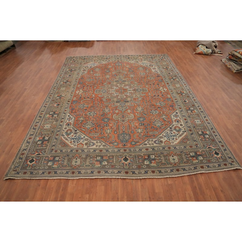 Hand Knotted Oriental 100% Wool Carpet Traditional Floral Oranges & Rust Tabriz Area Rug - 12' 8'' X 9' 7''