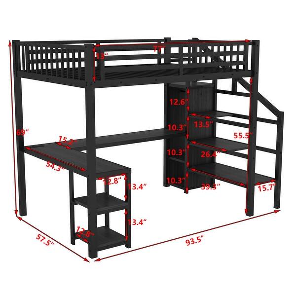 dimension image slide 1 of 3, Metal Loft Bed Frame with Staircase Built-in Wardrobe, Light Strip, Underbed L Shaped Desk, Shelves and Charging Station