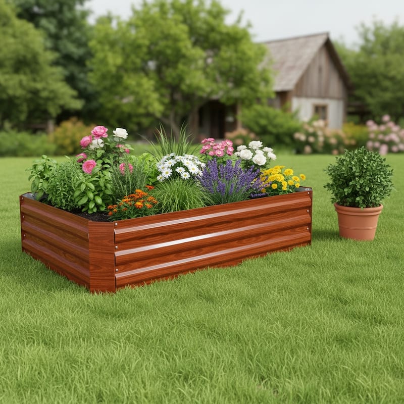 HomeRoots 12" X 48" Brown Steel Rectangular Raised Garden Bed - Brown