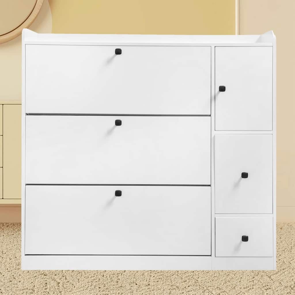 Sleek 3-Drawer Shoe Rack Cabinet with Pull-down Seat, Adjustable Shelves, Freestanding Storage Solution for Entryway, Hallway