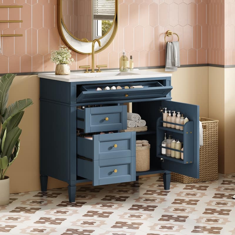 36 in. Modern MDF Bathroom Vanity with White Ceramic Top Sink and Tip out Drawer - Blue