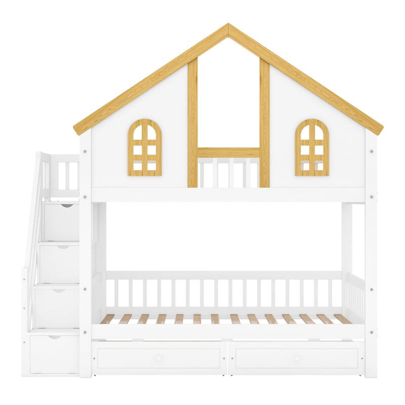 Roomfitters Twin Over Twin/Full Over Full House Bunk Bed with Window, Roof and Storage Staircase, White and Natural