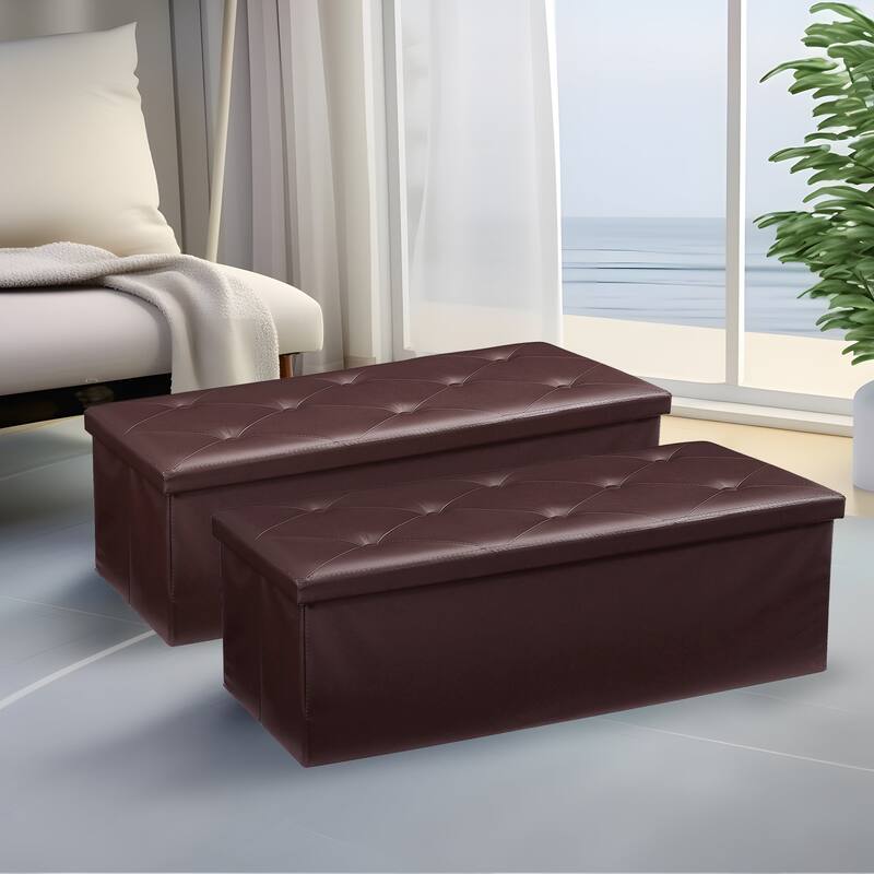 2 PC Storage Folding Ottoman, Storage Footrest Stool, Faux Leather Storage Bench Cube with Padded Seat for Small Space