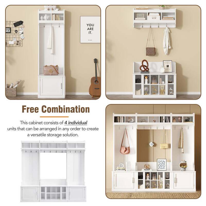 Roomfitters Wide Hall Tree with Storage Bench, 4-in-1 Entryway Organizer with Coat Rack, Shoe Cubbies and Shelves for Hallway