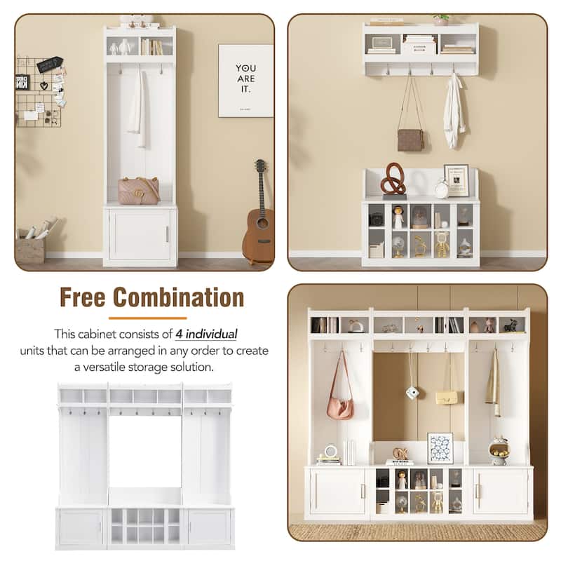 Wide Design Hall Tree with Storage and Bench, 4-IN-1 Multi-functional Entryway Bench with Coat Rack and Shoe Cubbies