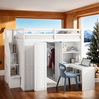 Full Size Bunk Bed with Wardrobe, Desk and Shelves, White
