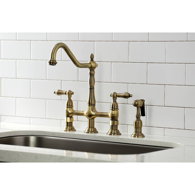 Heritage Bridge Kitchen Faucet with Brass Sprayer - Antique Brass
