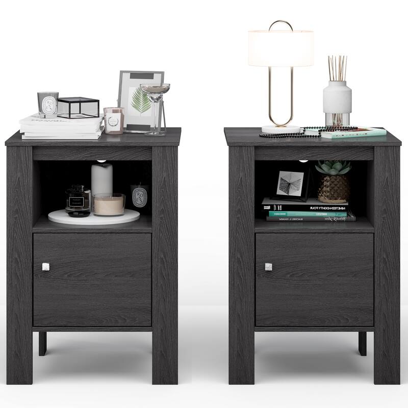 Gymax Set of 2 Nightstand Compact Side Sofa Table Open Shelf & Cabinet - Grey - Wood