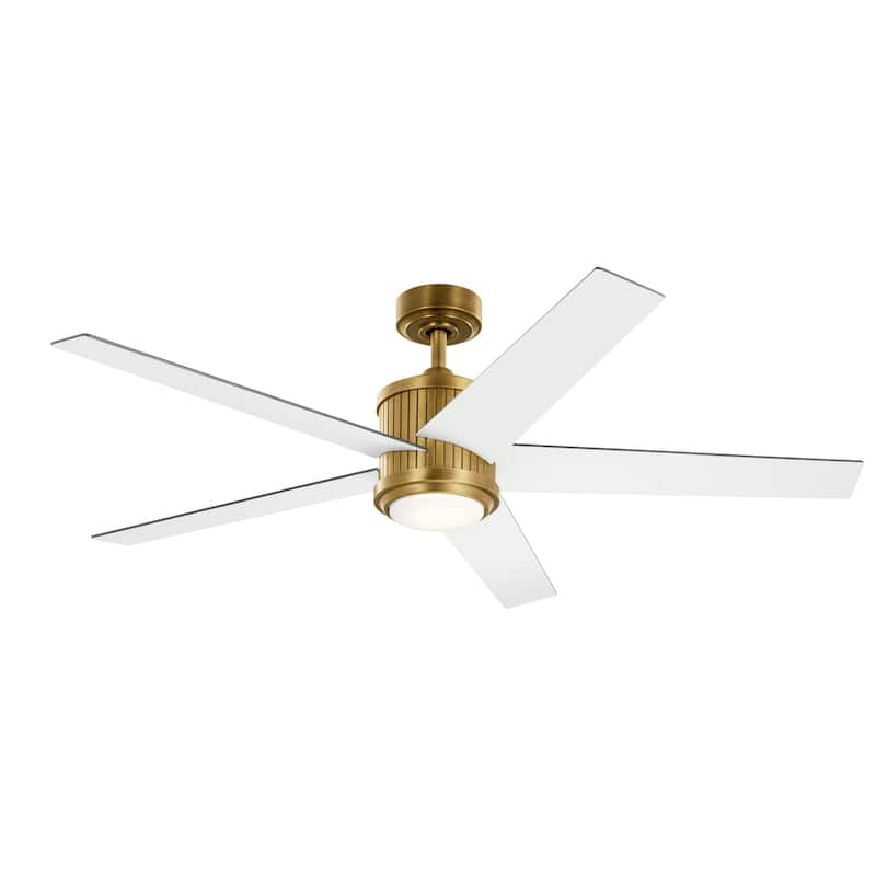 Kichler Brahm 56 inch LED Ceiling Fan Natural Brass with Walnut and White Blades