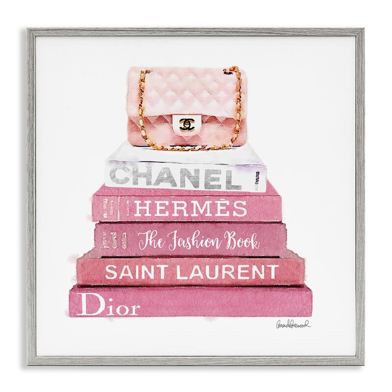Stupell Pink Fashion Book Stack Handbag Framed Wall Art - 24 x 24 - Grey