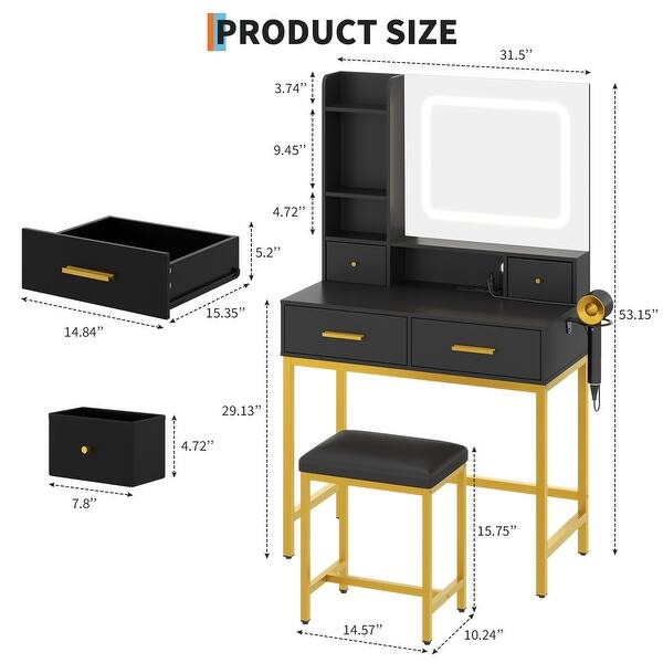 Vanity Desk with Mirror & Lights, 4 Drawers, 2 Shelves, 3 Light Modes ...