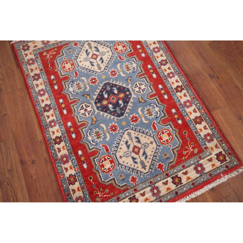 Blue Geometric Kazak Foyer Rug Handmade Traditional Wool Carpet - 2'1" x 2'11"